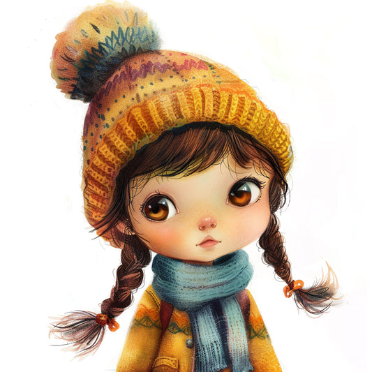 Charming Illustrated Doll with Warm Winter Attire