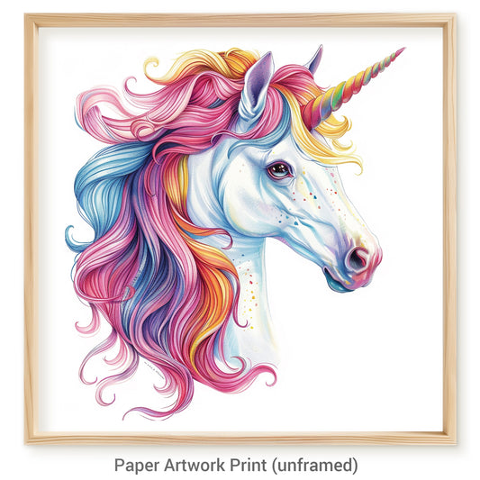 Colorful Unicorn Portrait on White Background, Fantasy Art