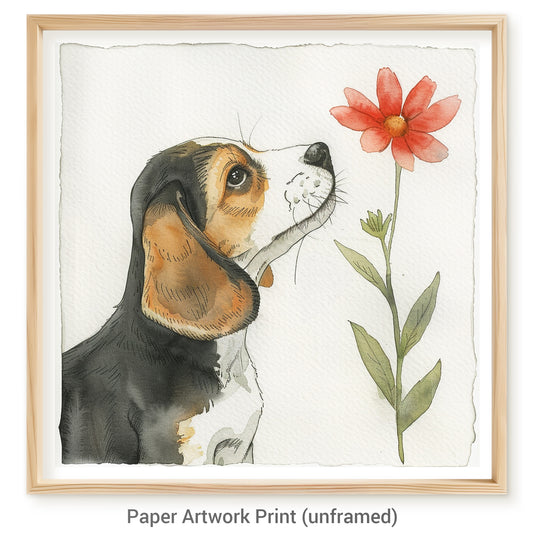 Charming Beagle Puppy Admires a Bright Red Flower