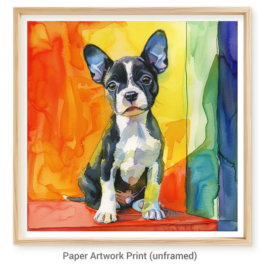 Colorful Watercolor of Cute Boston Terrier Puppy with Toy