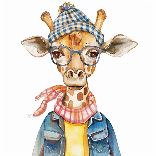 Stylish Giraffe in Retro Outfit With Trendy Hat and Glasses