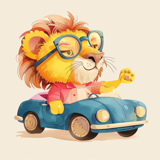 Stylish Lion Driving a Retro Convertible Illustration