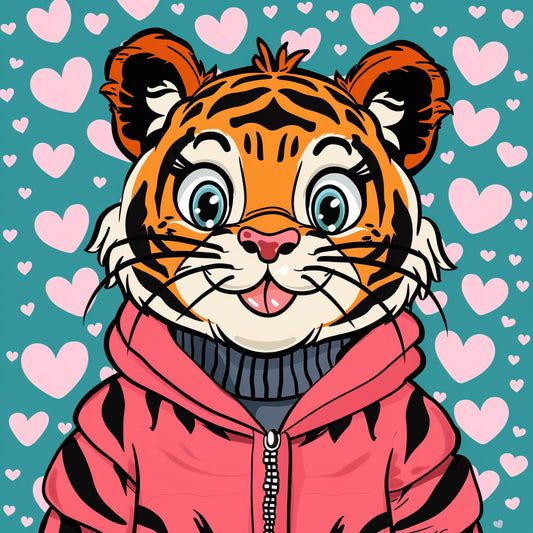 Smiling Cartoon Tiger in Pink Jacket with Heart Background