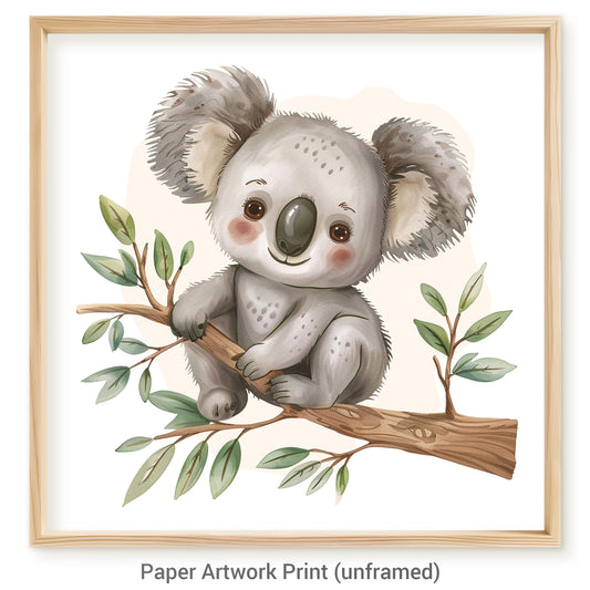 Adorable Koala Sitting on a Branch with Green Leaves