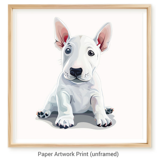 Adorable Miniature Bull Terrier Puppy Sitting on White