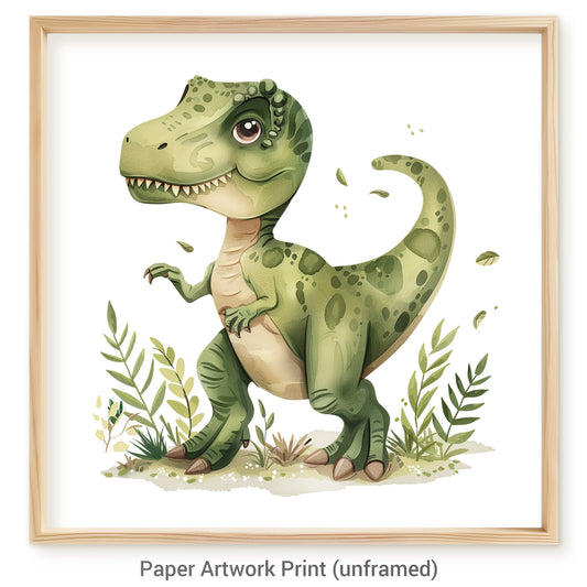 Friendly Green T-Rex in a Whimsical Forest Environment