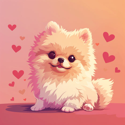 Adorable Smiling Pomeranian Dog with Pink Hearts Background