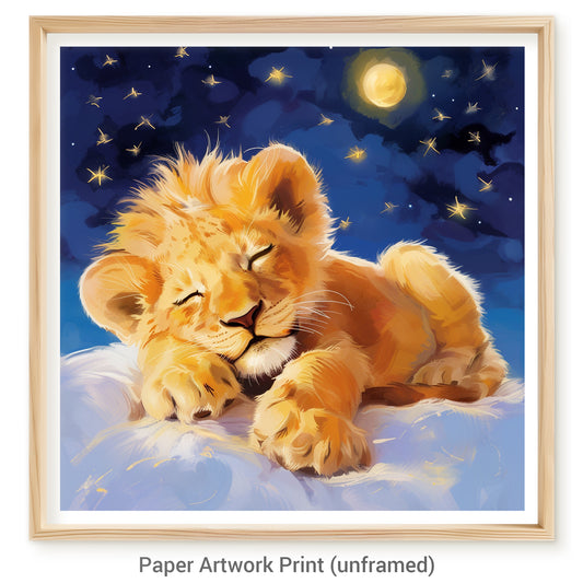 Adorable Baby Lion Sleeping Under Starry Night Illustration