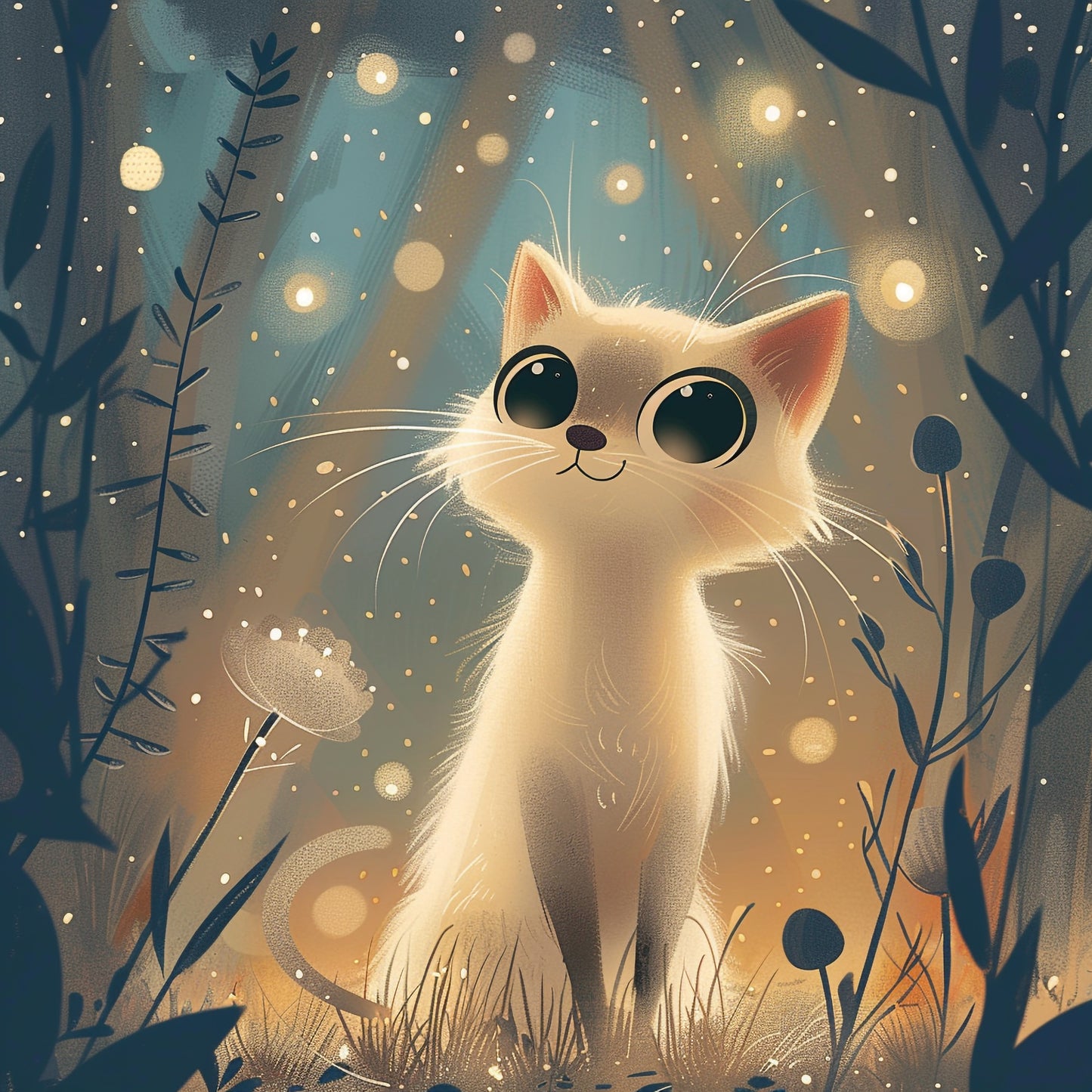Dreamy Cute Cat Illustration with Enchanting Night Light