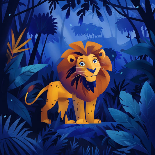 Colorful Cartoon Lion Illustration in Jungle Scene