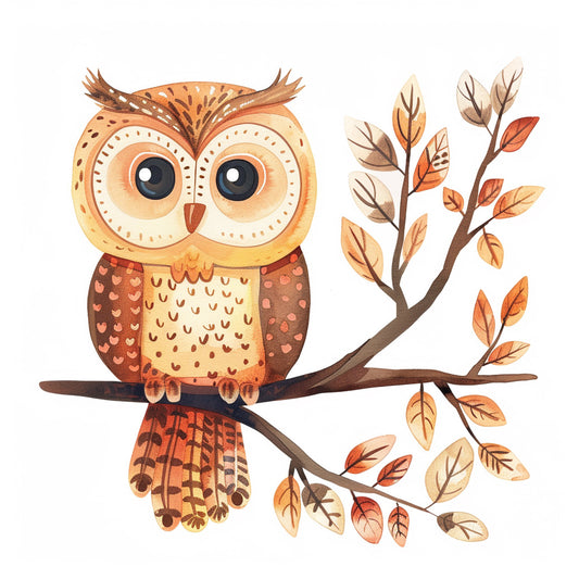 Cute Illustrated Owl Perched on a Branch with Leaves