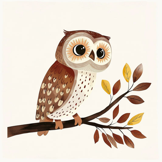 Cute Illustrated Owl Perched on a Branch with Dreamy Backlight