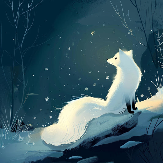 Dreamy Winter Night with Cute Polar Fox Illustration