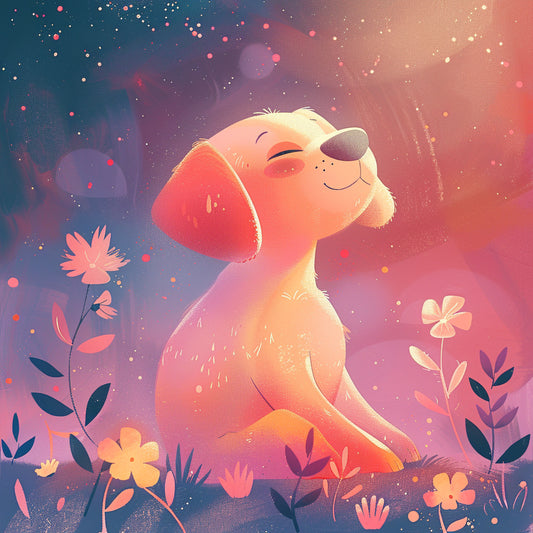 Dreamy Puppy Illustration with Magical Nighttime Ambience