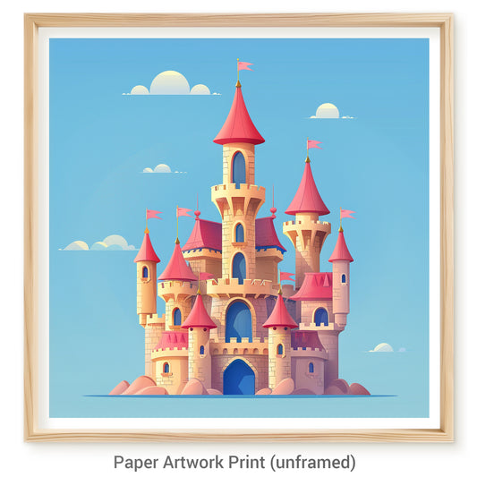 Dreamy Castle Illustration Featuring Pastel Tones and Clouds