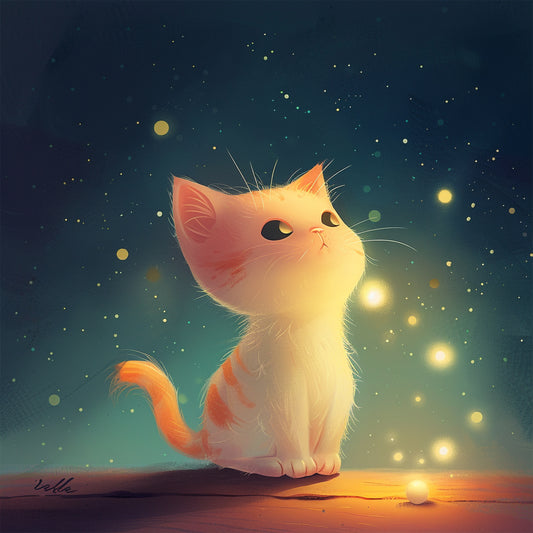 Dreamy Cute Cat Illustration with Shimmering Lights