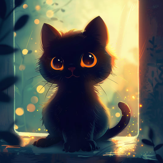 Cute Black Toy Cat Illustration in Dreamy Fairy Lights