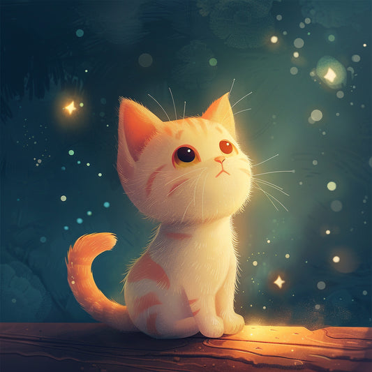 Adorable Illustrated Orange Kitten Enchanted by Dreamy Night Lights