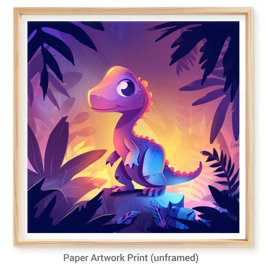 Cute Cartoon Dinosaur in a Magical Forest at Sunset