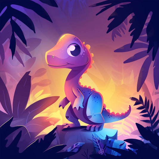 Cute Dinosaur Illustration in a Magical Jungle at Sunset