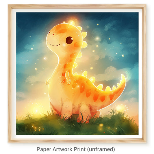 Cute Illustrated Dinosaur in Dreamy Sunset Landscape