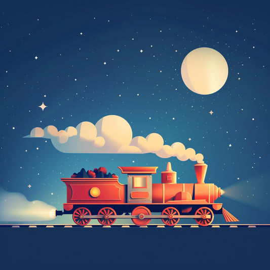 Dreamy Nighttime Toy Train Illustration Under Moonlit Sky