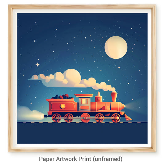 Dreamy Night Illustration with Toy Train Under Starry Sky