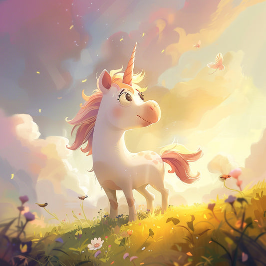 Enchanted Cute Unicorn in a Dreamy Meadow Illustration