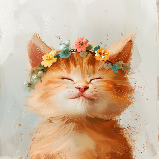 Adorable Cartoon Kitten with a Floral Crown Smiling Contentedly