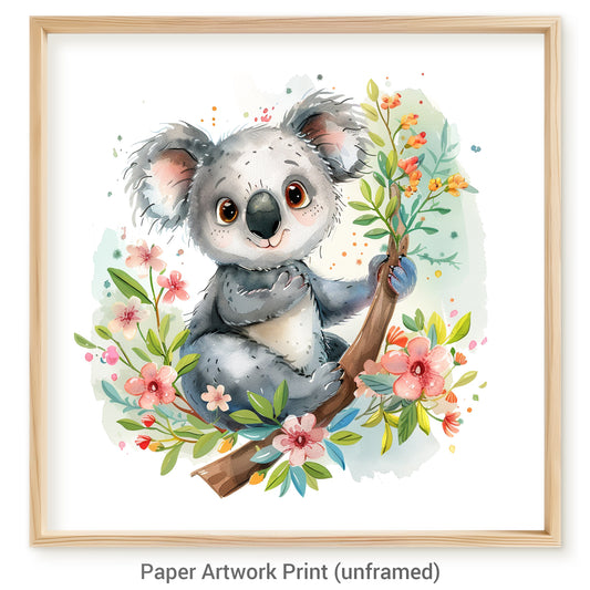 Cheerful Koala Cartoon in Watercolor with Vibrant Flowers