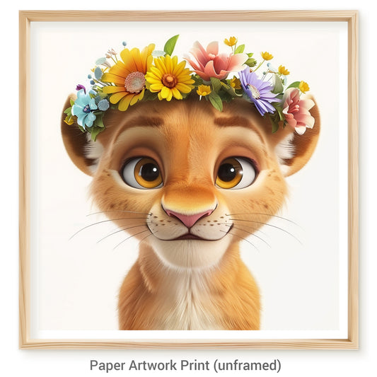 Charming Cartoon Lioness With Floral Crown and Big Eyes