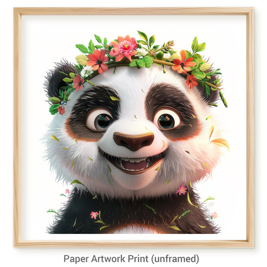 Charming Cartoon Panda with Floral Crown Smiling Happily