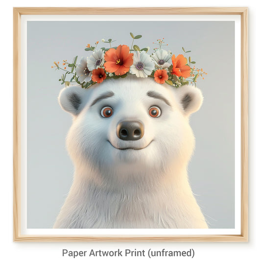Charming Cartoon Polar Bear Wearing a Floral Crown