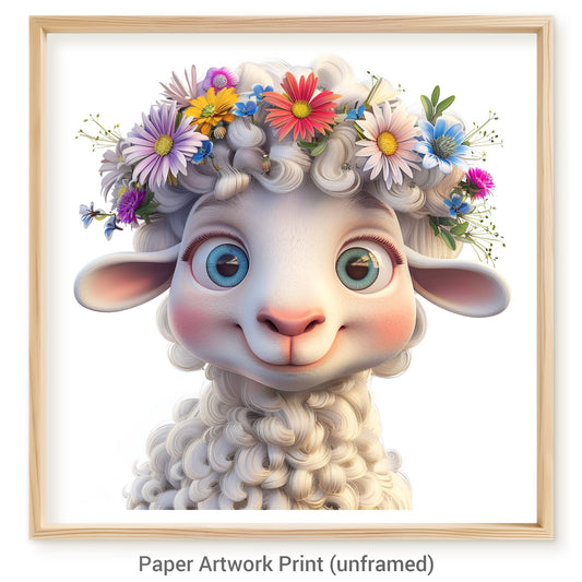 Cute Cartoon Sheep with Floral Crown and Kind Eyes
