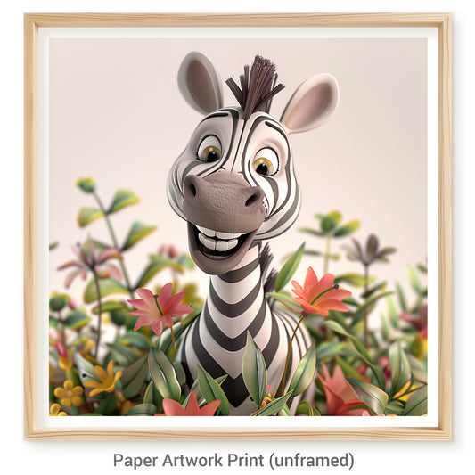 Cheerful Cartoon Zebra Smiling Among Colorful Flowers