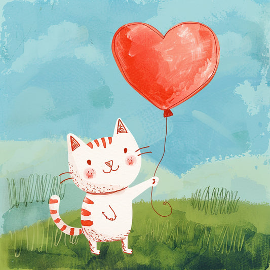 Adorable Cat Illustration with a Heart-Shaped Balloon