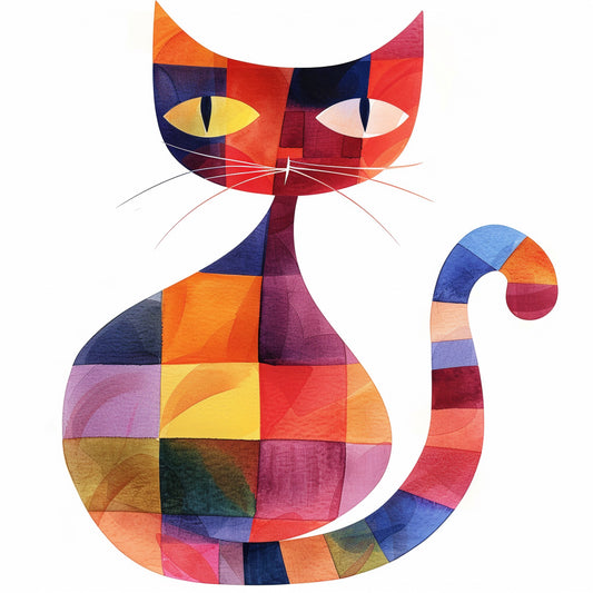 Colorful Watercolor Cat Illustration With Geometric Patterns
