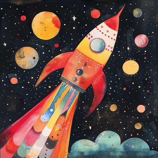 Colorful Toy Rocket Launching into a Painted Space Scene