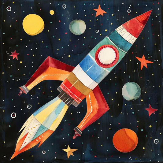 Colorful Toy Rocket Launching into Space with Planets and Stars