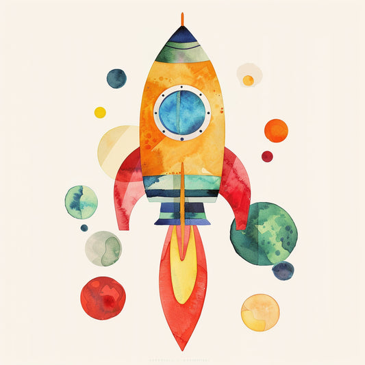 Colorful Toy Rocket Blasting into Space with Planets