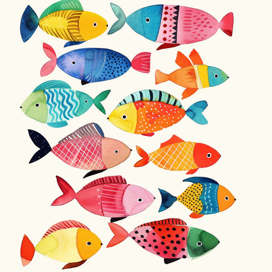 Colorful Watercolor Tropical Fish in Whimsical Patterns