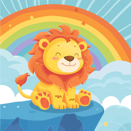 Adorable Cartoon Lion Sitting by Rainbow Illustration