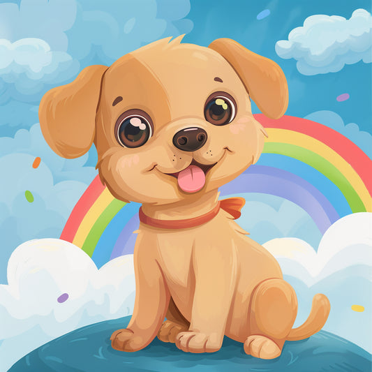 Adorable Cartoon Puppy With Rainbow in Blue Sky