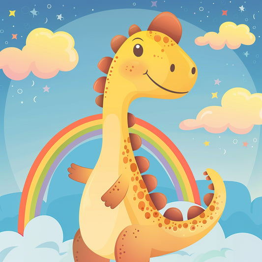 Adorable Cartoon Dinosaur with Rainbow in Whimsical Sky