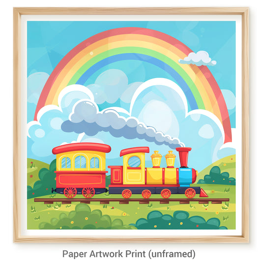 Colorful Cartoon Toy Train Traveling Under a Vibrant Rainbow