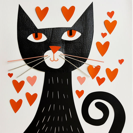 Cute Confident Cat Illustration with Red Hearts Background