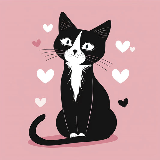 Cute Black and White Cat with Pink Hearts Illustration