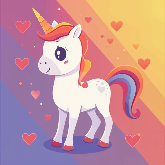 Cute Confident Unicorn with Hearts on Colorful Background
