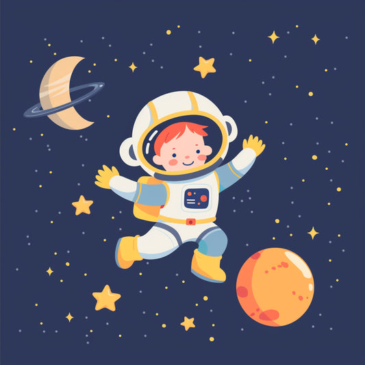 Happy Boy Astronaut Flying in Starry Space Illustration