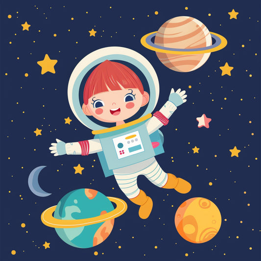 Cute Girl Astronaut Flying Among Stars and Planets